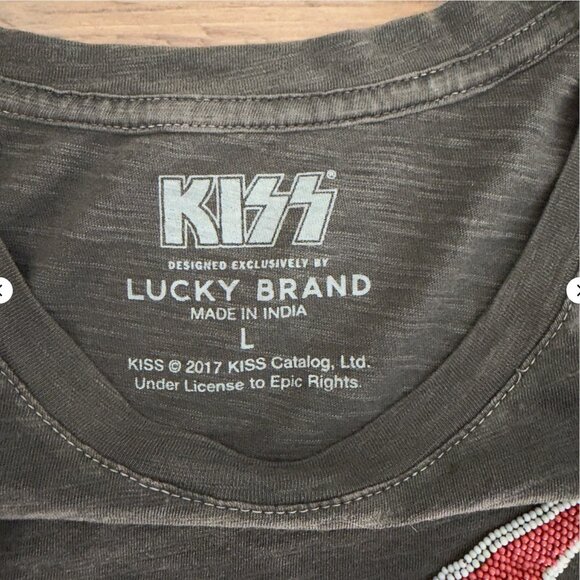 Lucky Brand KISS Beaded Logo Band Tee Vintage Wash Black Size L - Picture 2 of 8